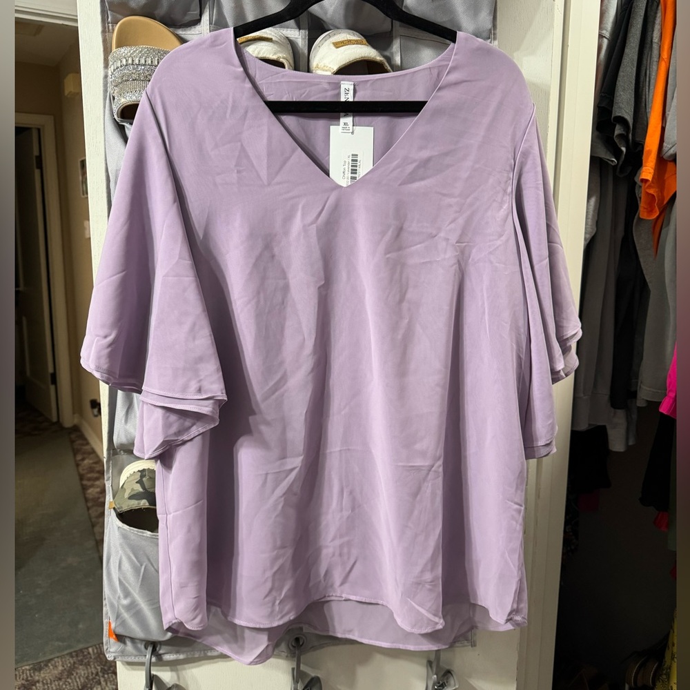 Light Purple V-Neck Flutter Sleeve Women's Top